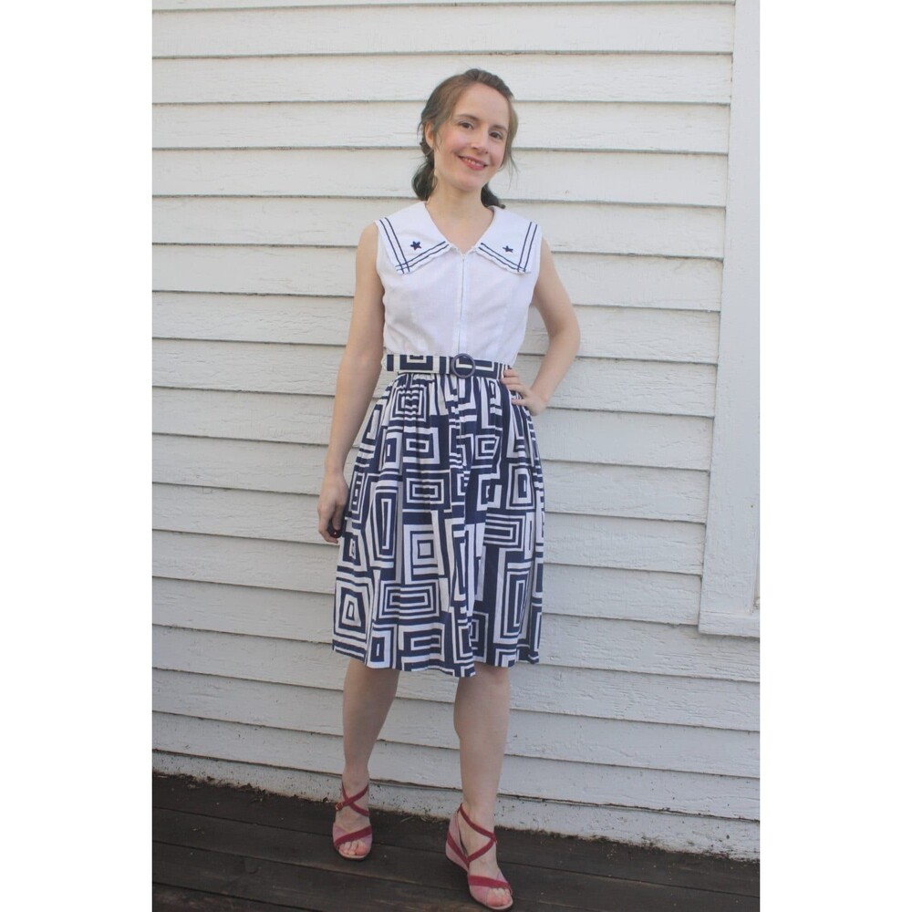 60s Nautical Dress Sailor Collar White Blue Striped Cotton S